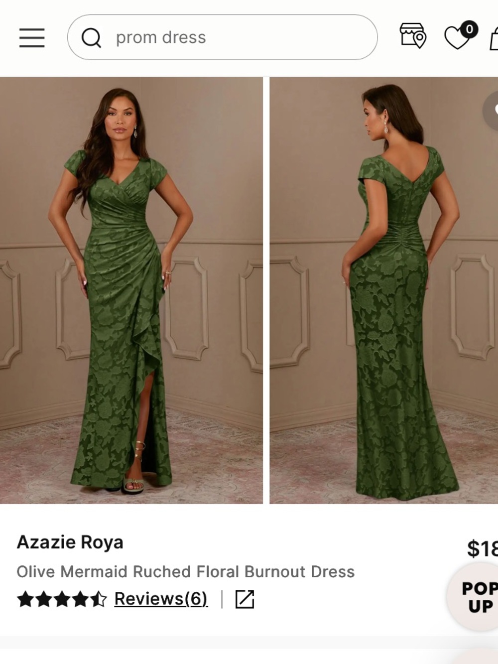 Azazie Olive Ruched Floral V‑Neck Mermaid Gown